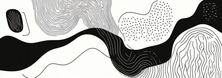 Abstract black and white illustration featuring flowing organic shapes, wavy line patterns, and dotted textures in a minimalist, modern graphic design style